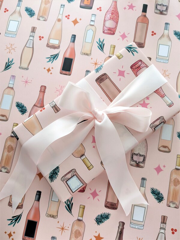 Pink Christmas Gift Wrapping Sheets, Wine Bottle Christmas Pattern, Holiday Gift  Wrap, Cute Pink Gift Wrap Sheets, Rose Wine Gifts